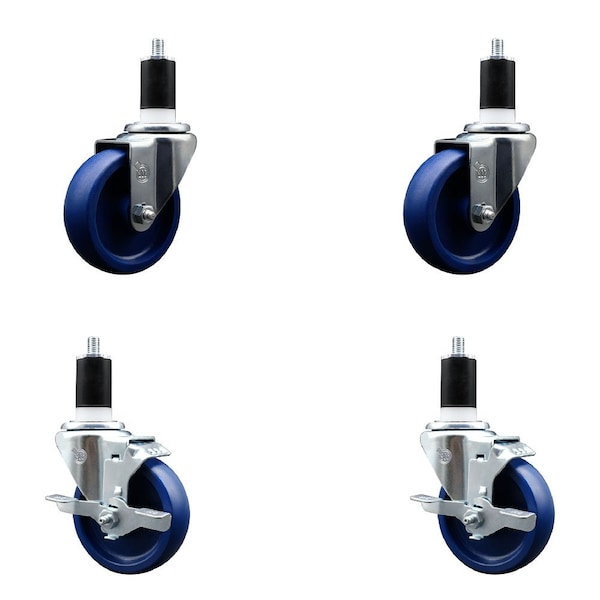 4'' Solid Poly Wheel Swivel 1-1/2'' Expanding Stem Caster Set 2 Brakes, 4PK